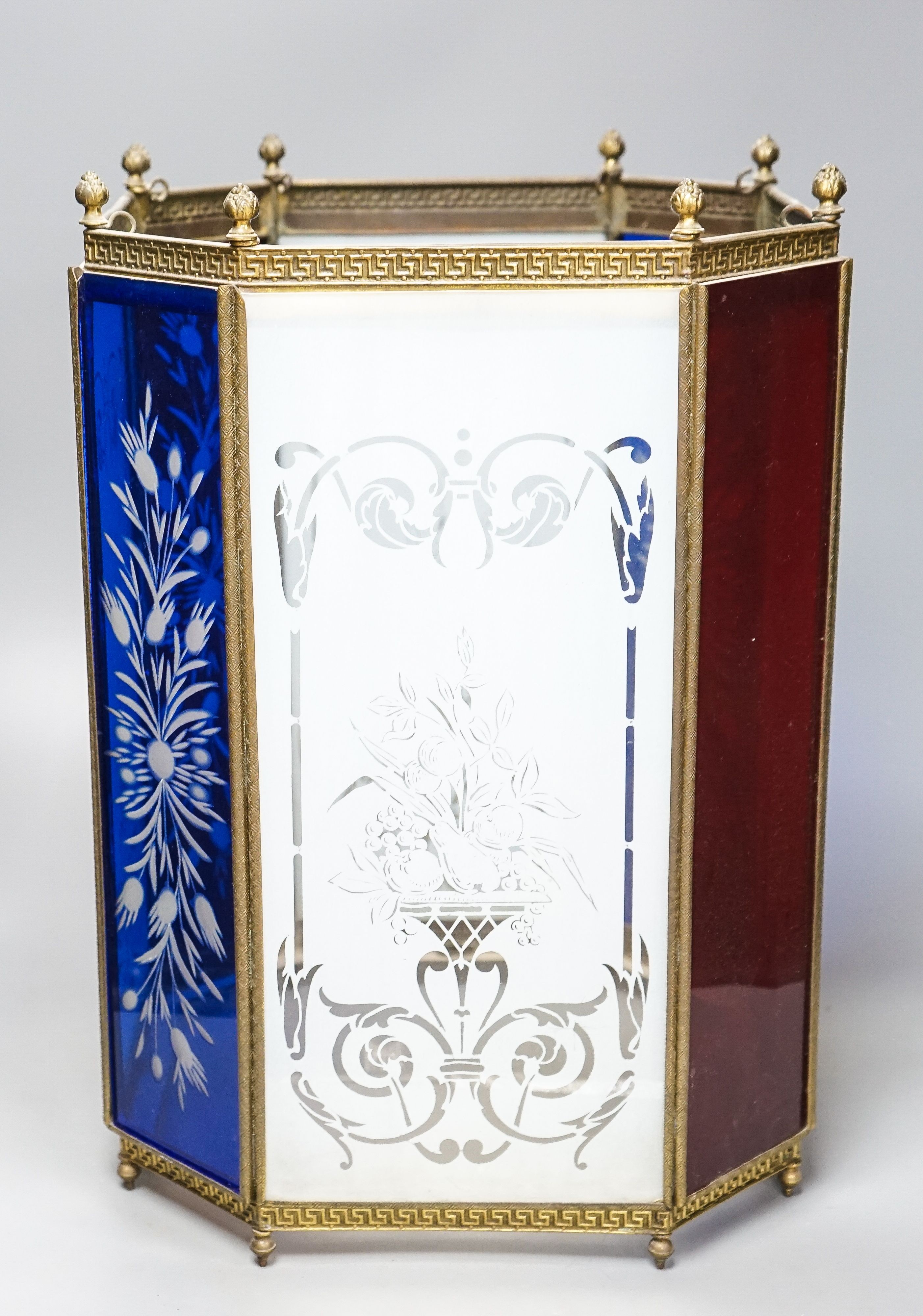 An Edwardian brass and stained glass hall lantern, 45cm